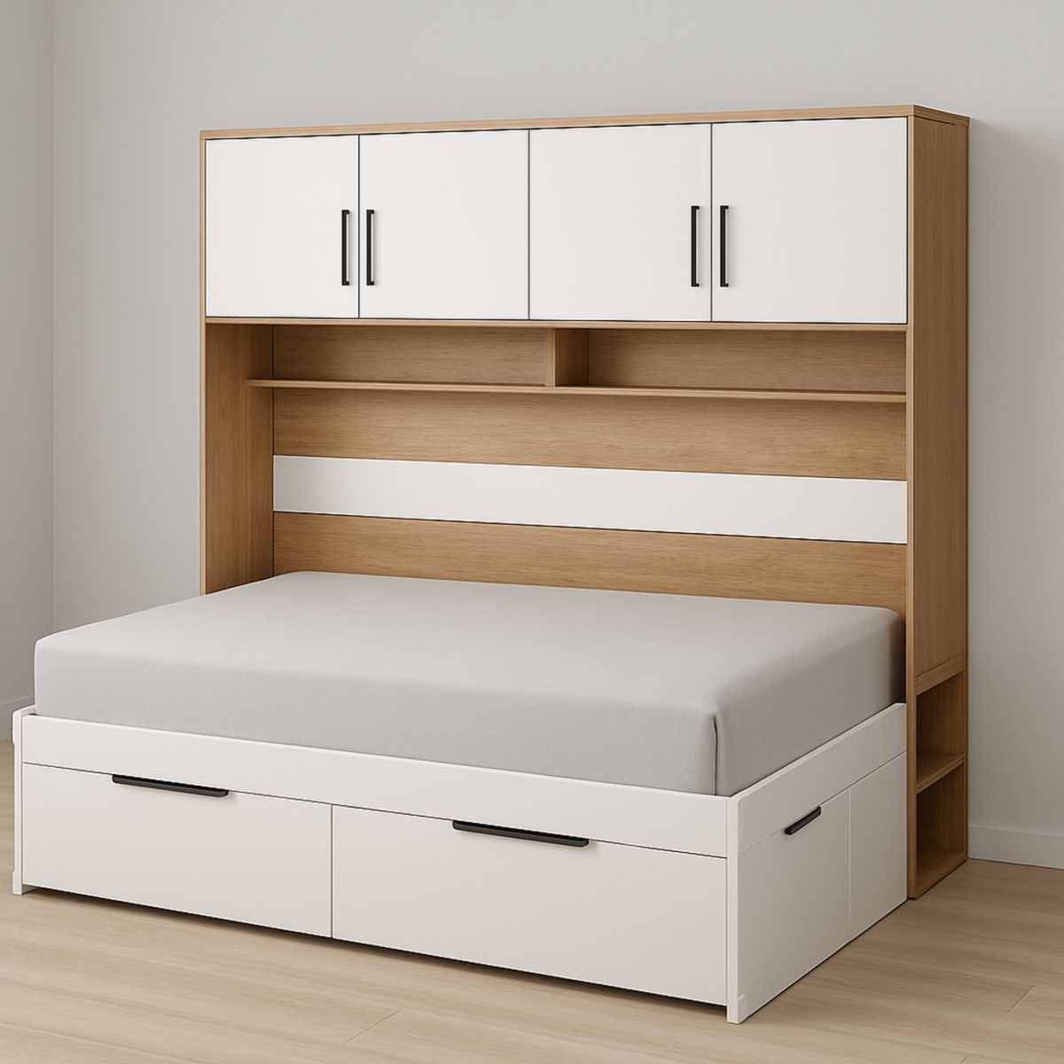 Lit combiné avec rangement MDF blanc et bois clair 200x80x150 cm