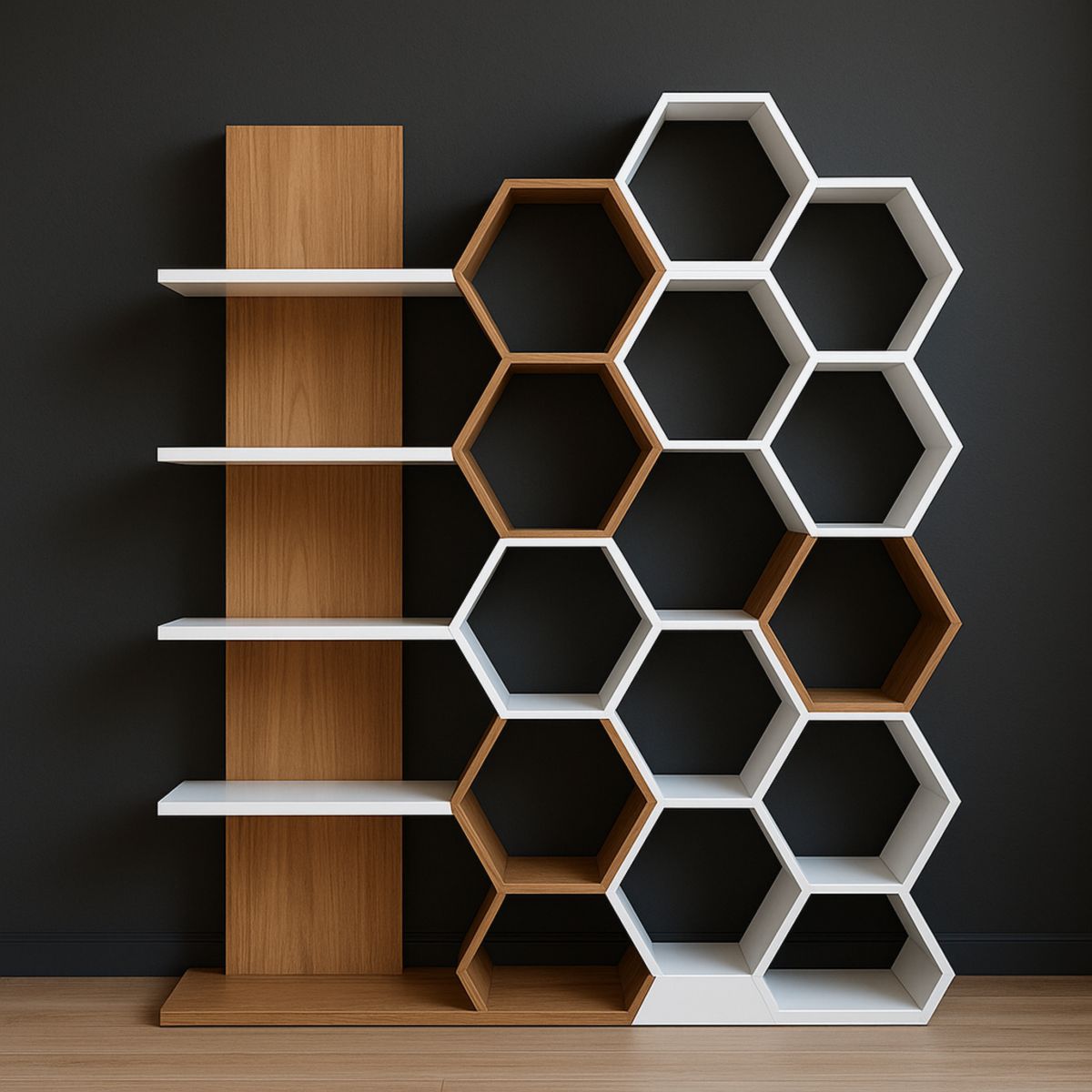 Etagère Murale Hexagonale Bois et Blanc Forme Alvéole 180x120x30 cm