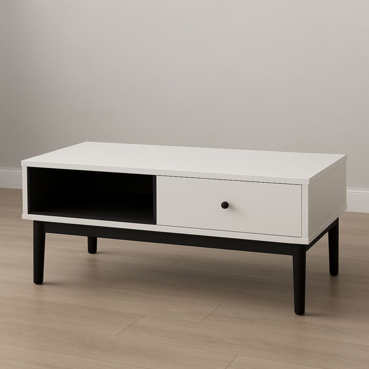 Table basse rectangulaire en bois et pieds en bois noir 110x60x45 cm blanc