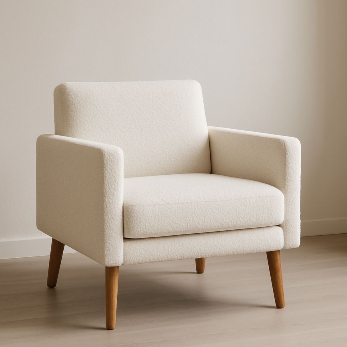 Fauteuil tissu polyester ivoire pieds bois massif