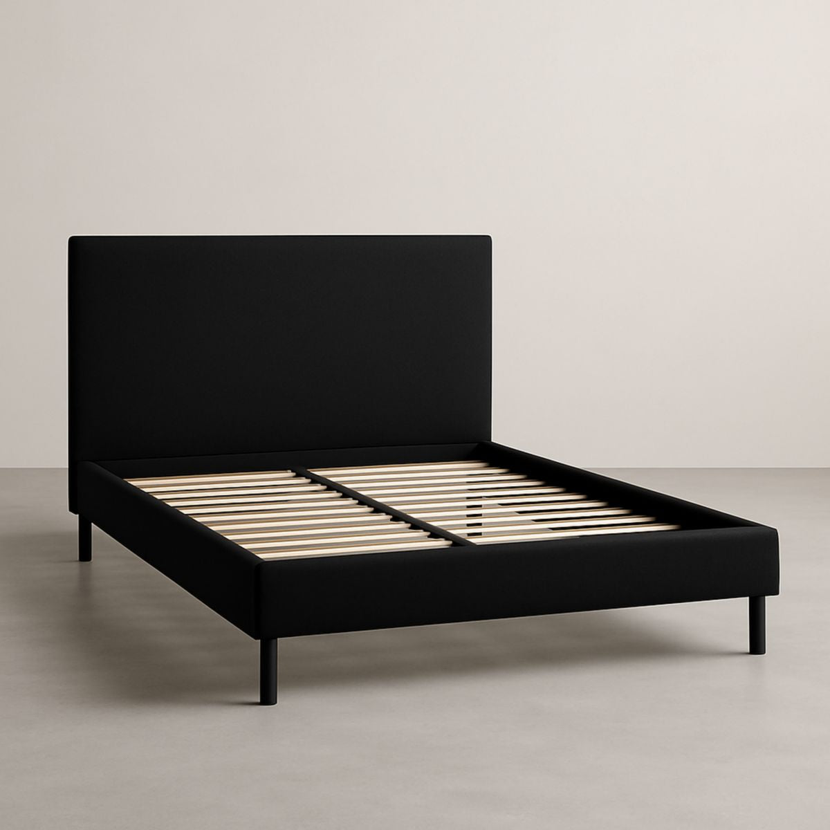 Lit Double en Tissu Noir avec Tête de Lit et Lattes en Bois 200x160 cm