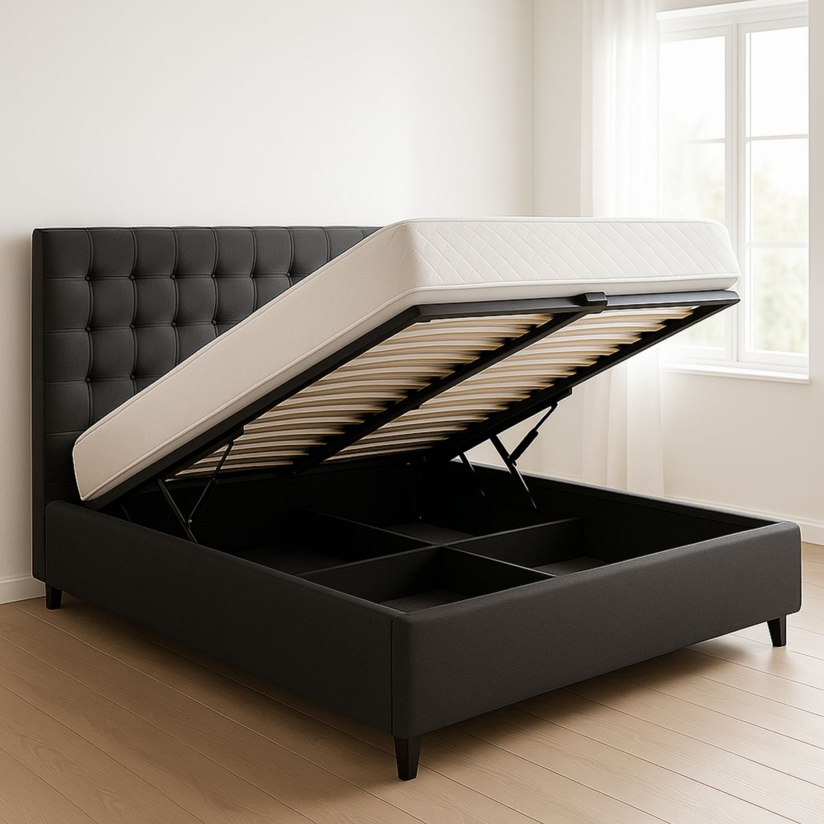 Lit coffre en PU noir 140x200 cm avec sommier à lattes et tête de lit matelassée