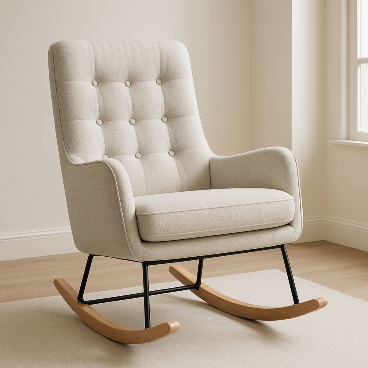 Fauteuil à bascule en tissu beige avec pieds en bois et acier 102cm x 85cm x 100cm