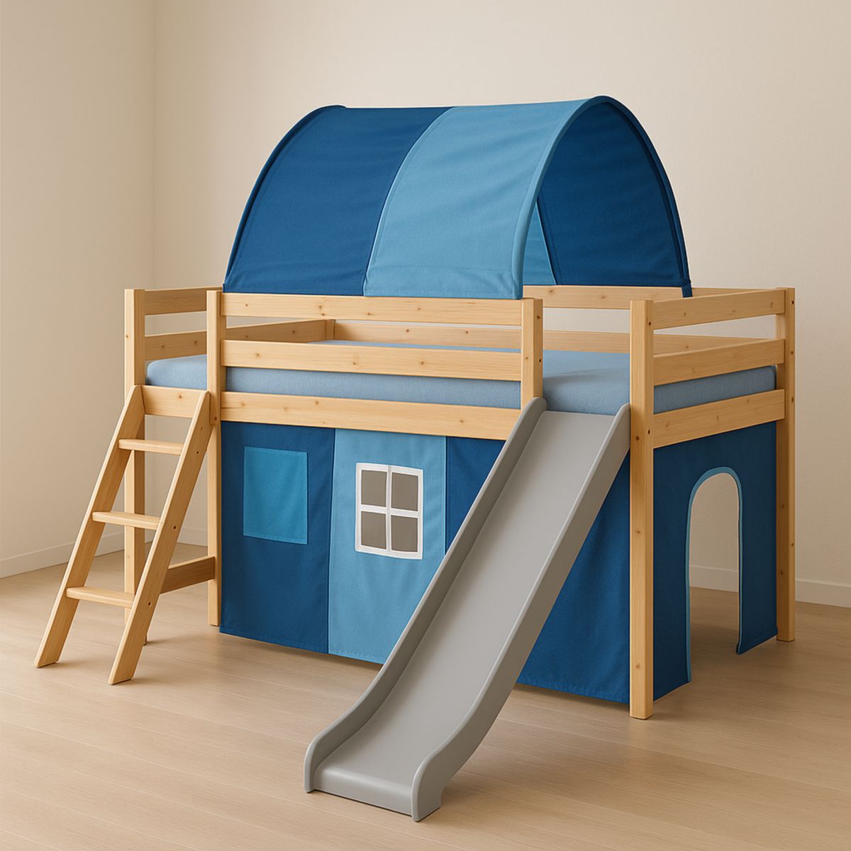 Lit cabane enfant en bois de pin avec toboggan et tente en polyester bleu/bleu clair