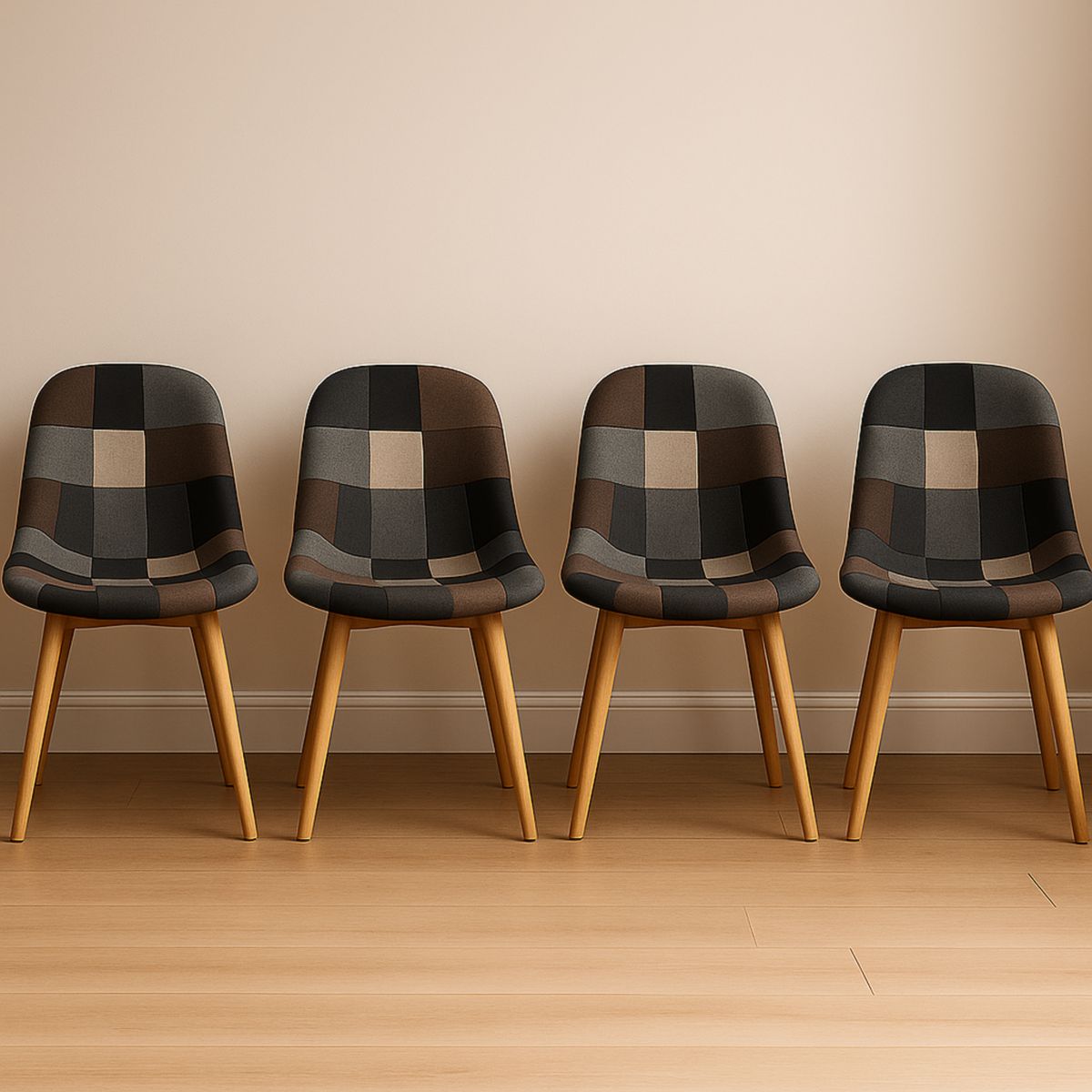 Chaise capitonnée en tissu à carreaux marron/beige/noir avec pieds en bois de hêtre solide, lot de 4