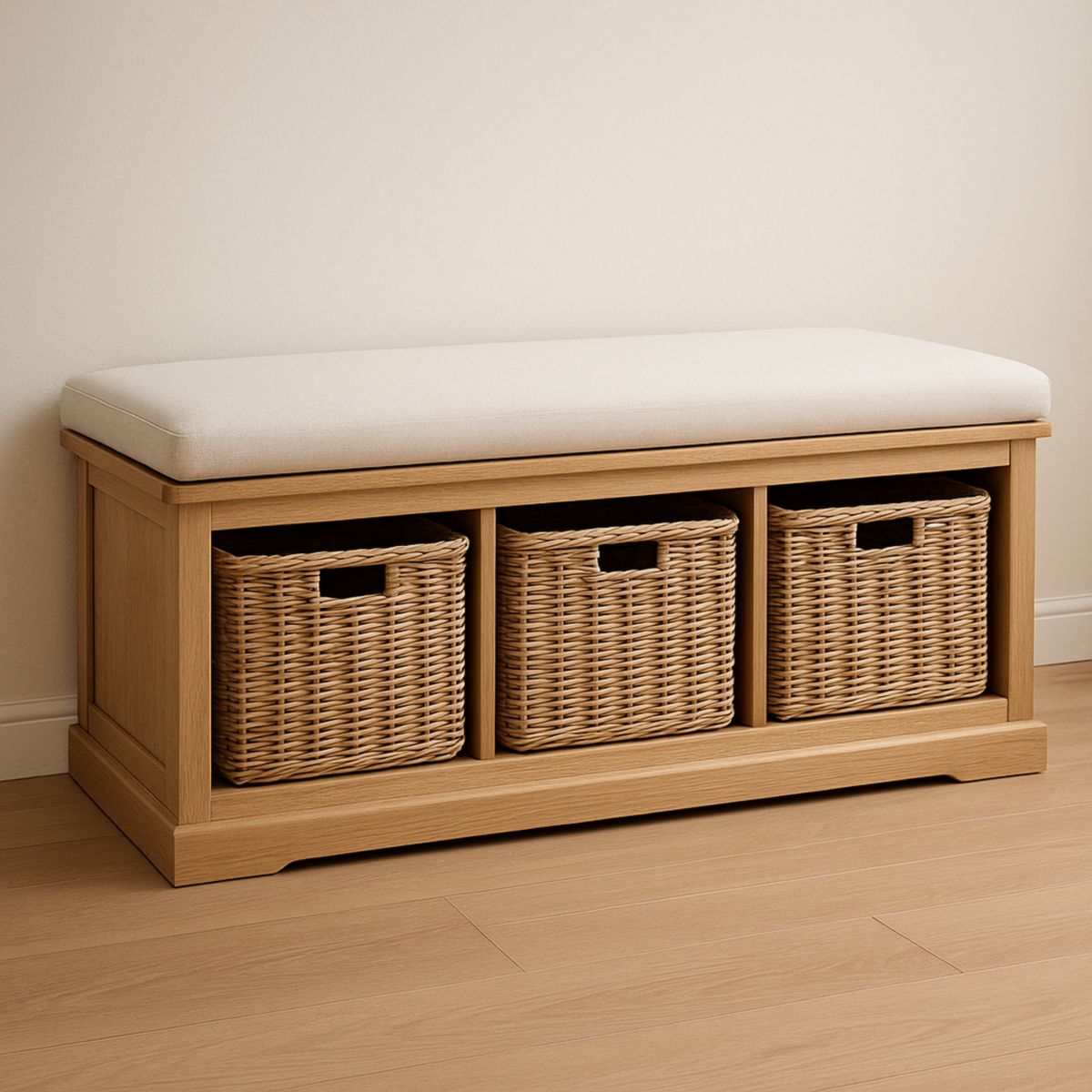 Banc de rangement en bois avec paniers en rotin beige 120x40x50 cm