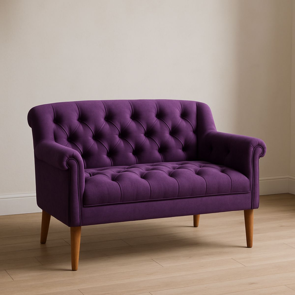 Canapé deux places velours forme arrondie violet pieds bois massif 140x80x90 cm